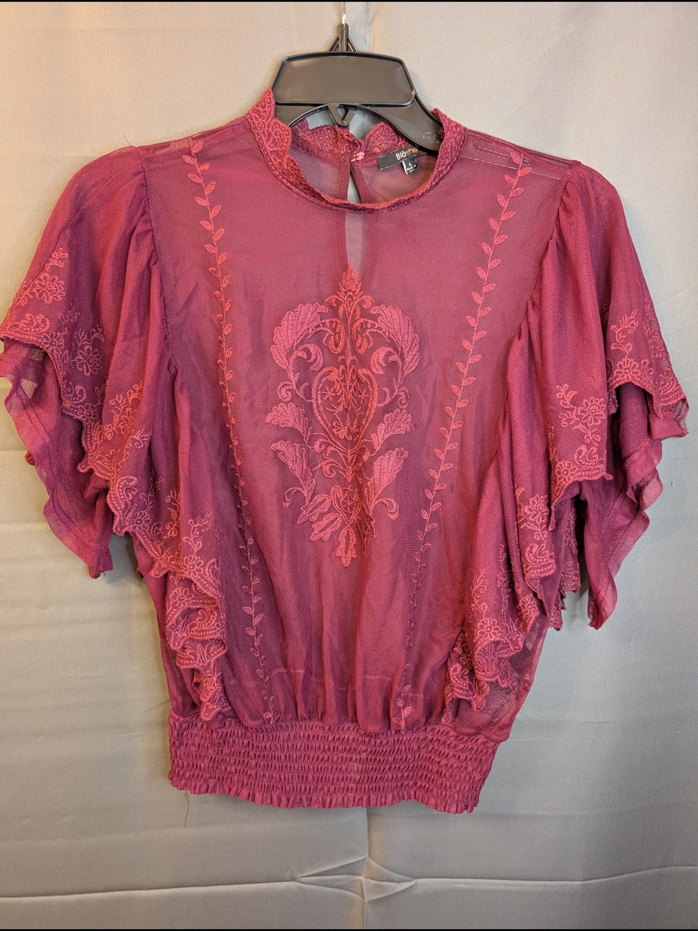 Embroidered Sheer Ruffle Sleeve Blouse in Deep Oxblood Red